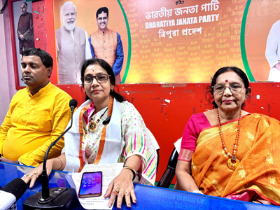 BJP leaders brief media persons at Party state headquarters in Agartala on November 5.